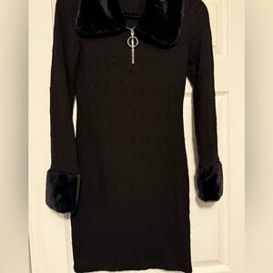 Black long sleeve dress with fur cuffs